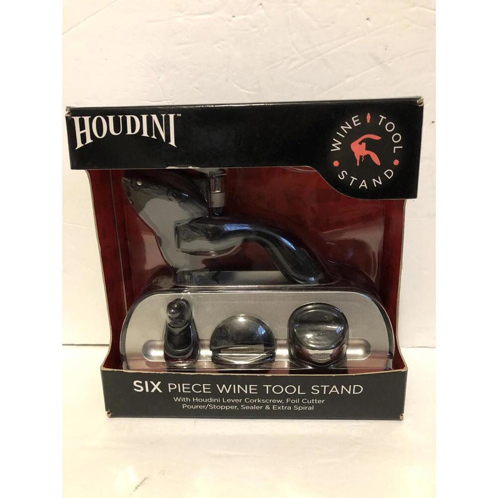 Houdini 6 Piece Wine Tool Stand With Lever Corkscrew, Foil Cutter - Silver